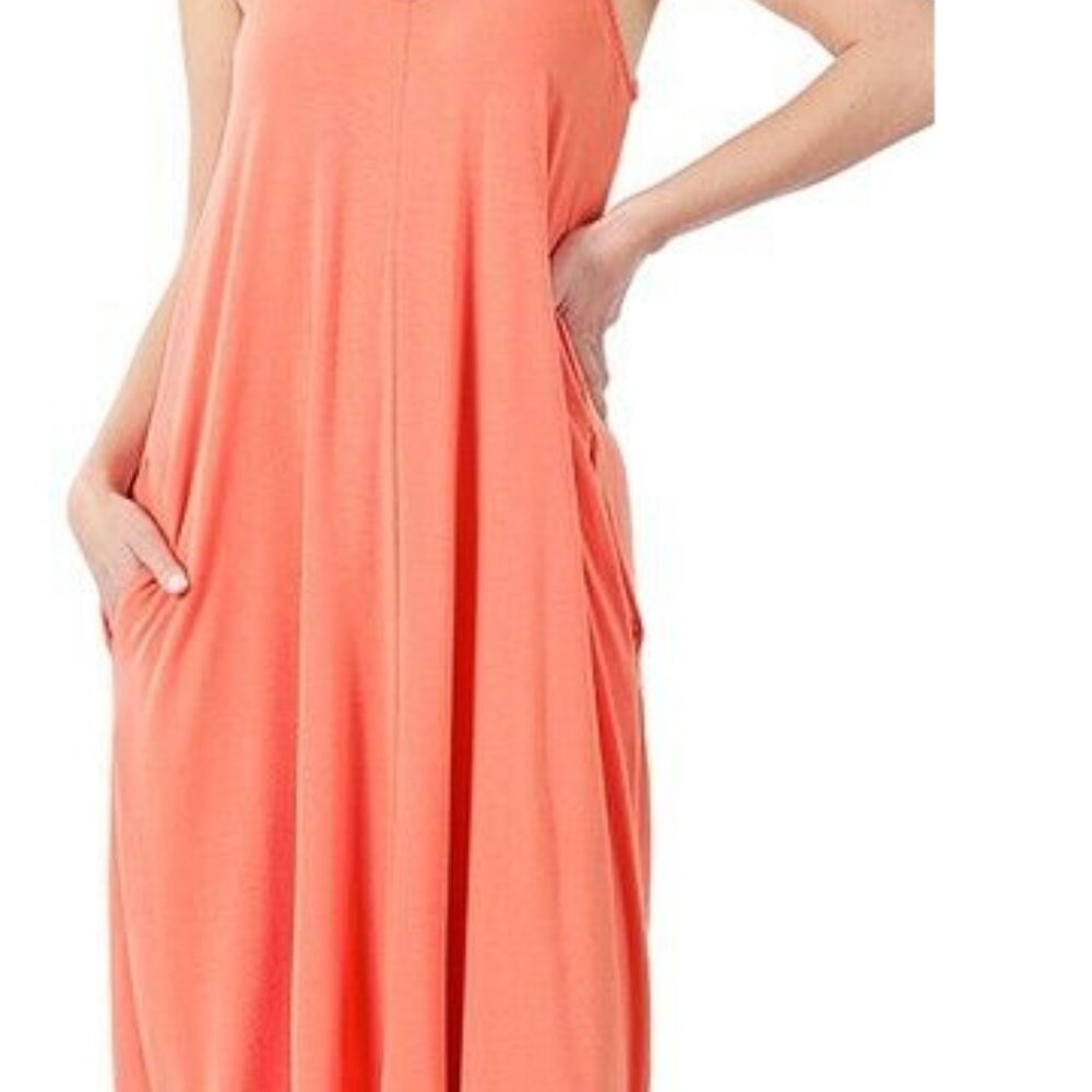 ZENANA Women's V Neck Cami Midi Dress Adjustable Spaghetti Strap Pockets Plus